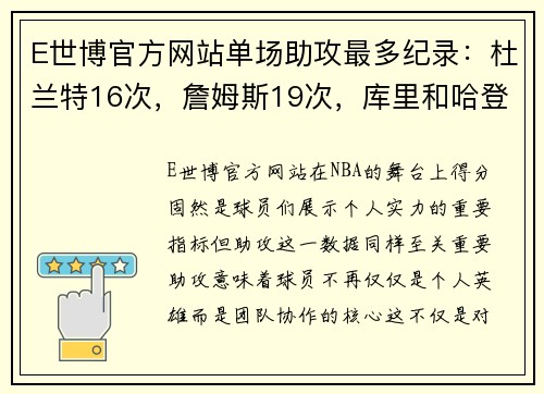 E世博官方网站单场助攻最多纪录：杜兰特16次，詹姆斯19次，库里和哈登呢？